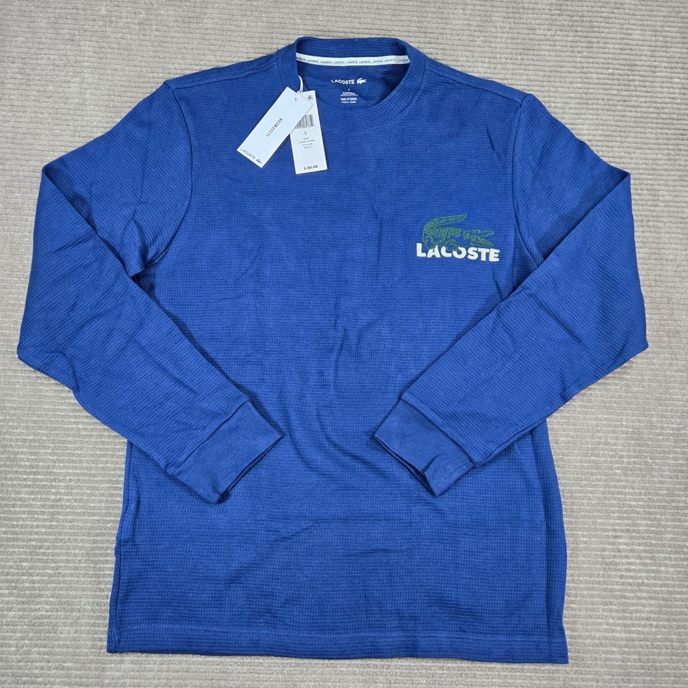 Lacoste Mens S Blue Waffle Knit Logo Long Sleeve Sleep Shirt